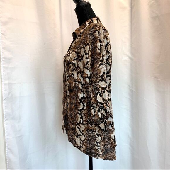 BROWN tan animal snake print button down shirt Sz L - Picture 5 of 12